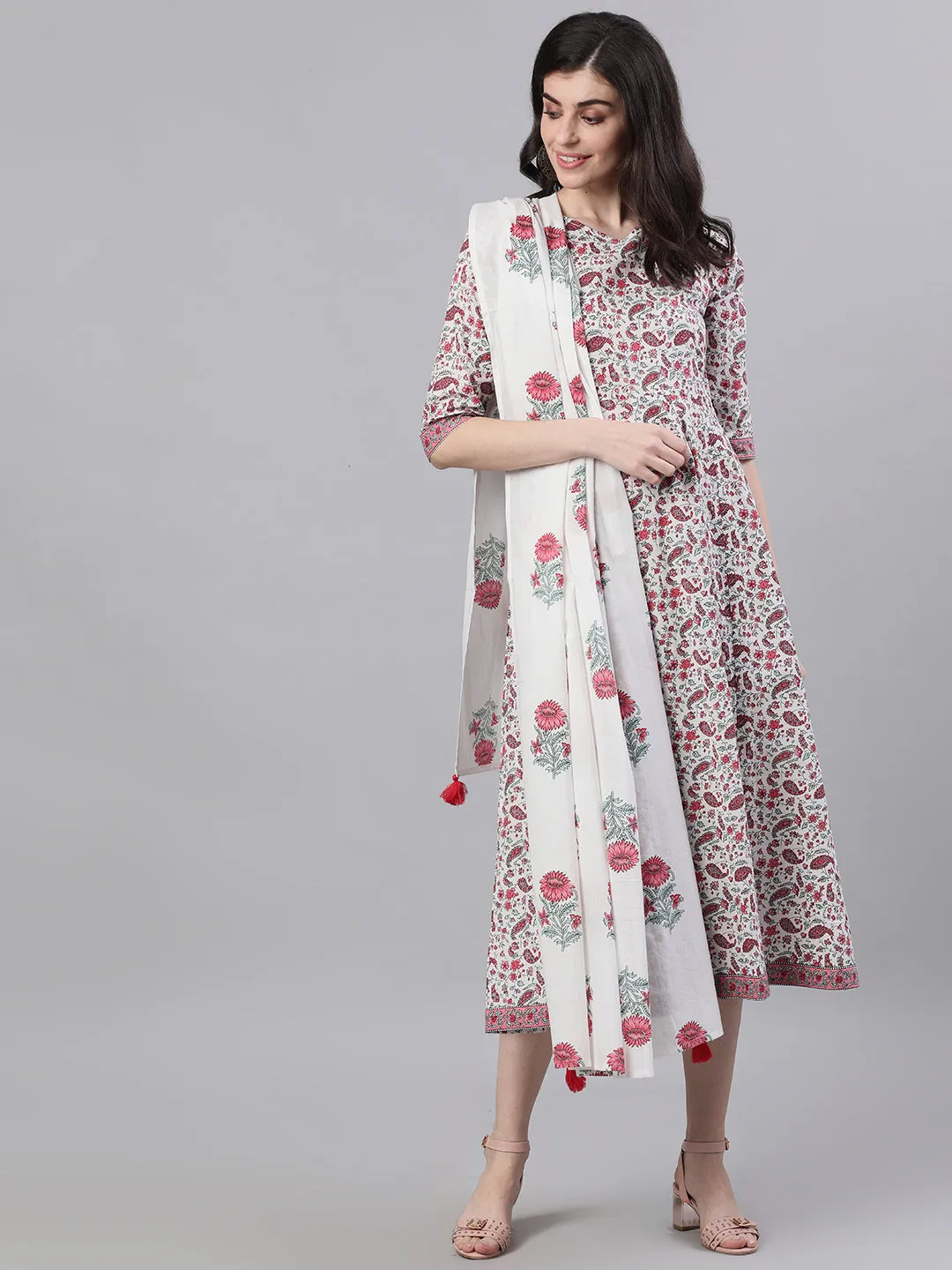 Women White Ethnic Motifs Printed V-Neck Cotton Maxi Dress With Dupatta