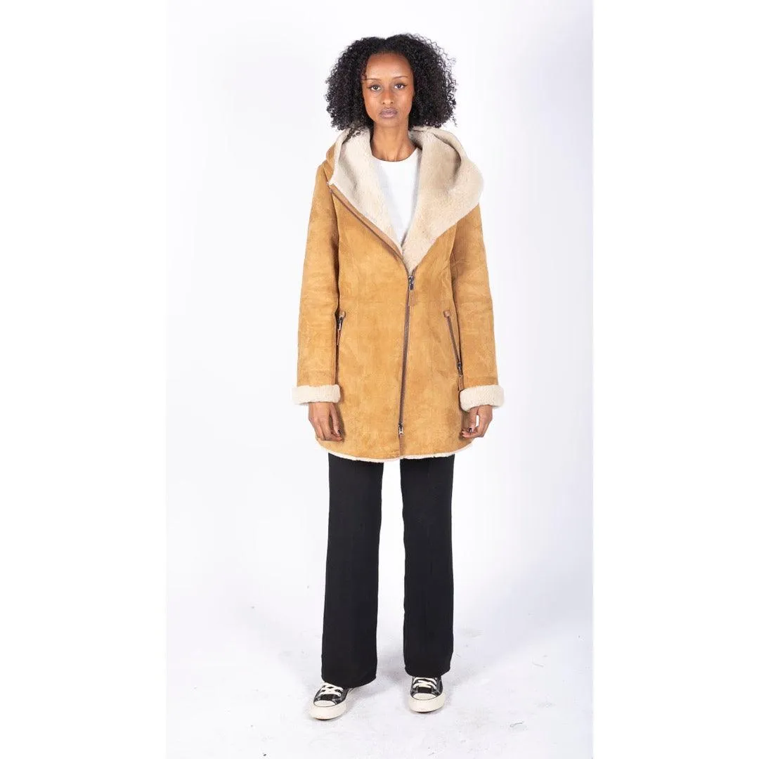 Womens 3/4 Mid Length Real Sheepskin Camel Cream Vintage Toscana Suede Hood Coat