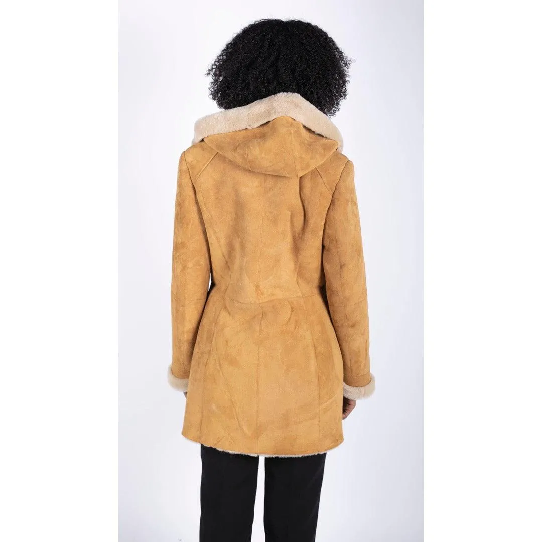 Womens 3/4 Mid Length Real Sheepskin Camel Cream Vintage Toscana Suede Hood Coat