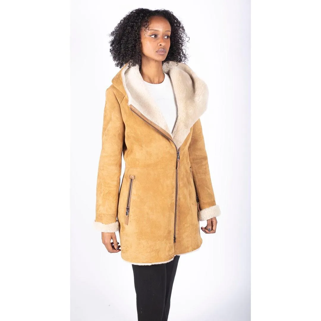 Womens 3/4 Mid Length Real Sheepskin Camel Cream Vintage Toscana Suede Hood Coat