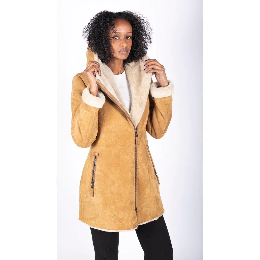 Womens 3/4 Mid Length Real Sheepskin Camel Cream Vintage Toscana Suede Hood Coat