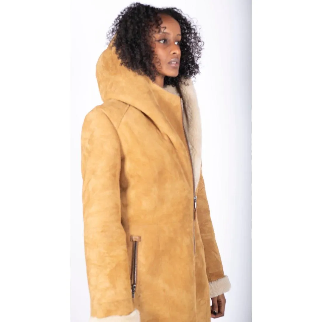 Womens 3/4 Mid Length Real Sheepskin Camel Cream Vintage Toscana Suede Hood Coat