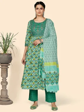 Women'S Green A-Line Kurta & Pant With Dupatta- (3Pcs Set)