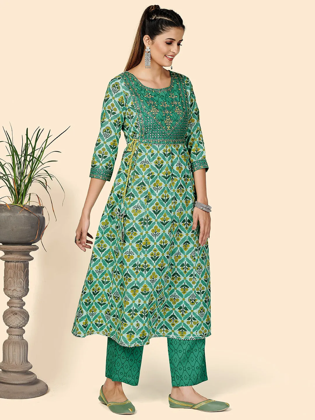 Women'S Green A-Line Kurta & Pant With Dupatta- (3Pcs Set)