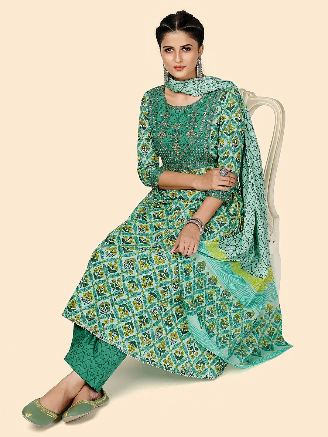 Women'S Green A-Line Kurta & Pant With Dupatta- (3Pcs Set)