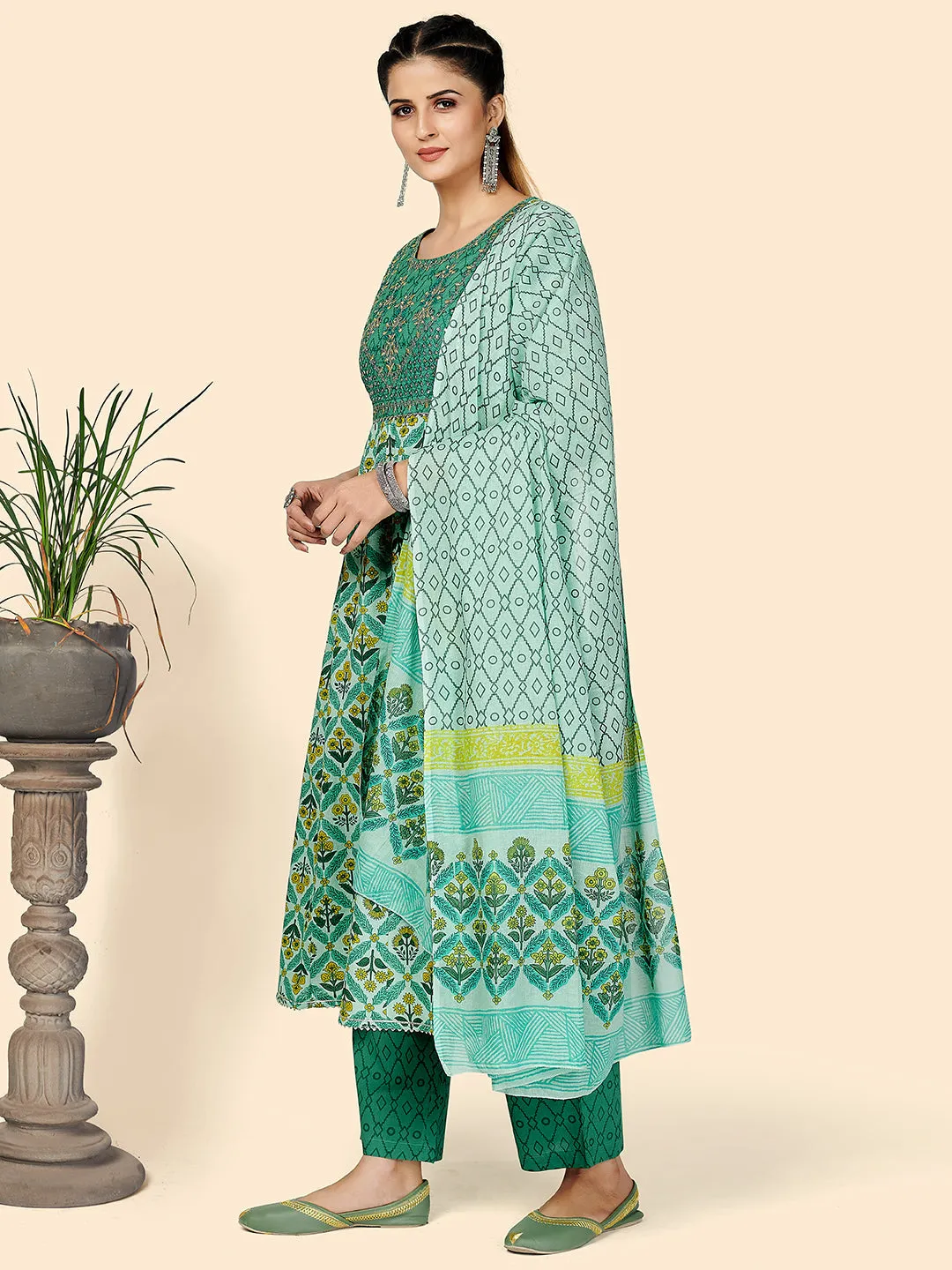 Women'S Green A-Line Kurta & Pant With Dupatta- (3Pcs Set)