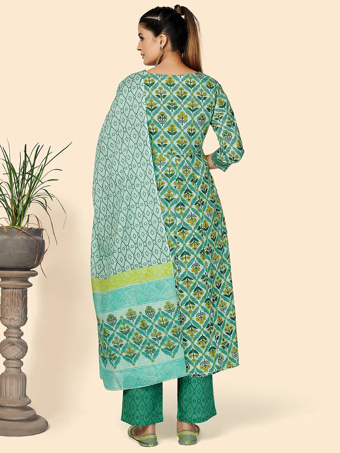 Women'S Green A-Line Kurta & Pant With Dupatta- (3Pcs Set)