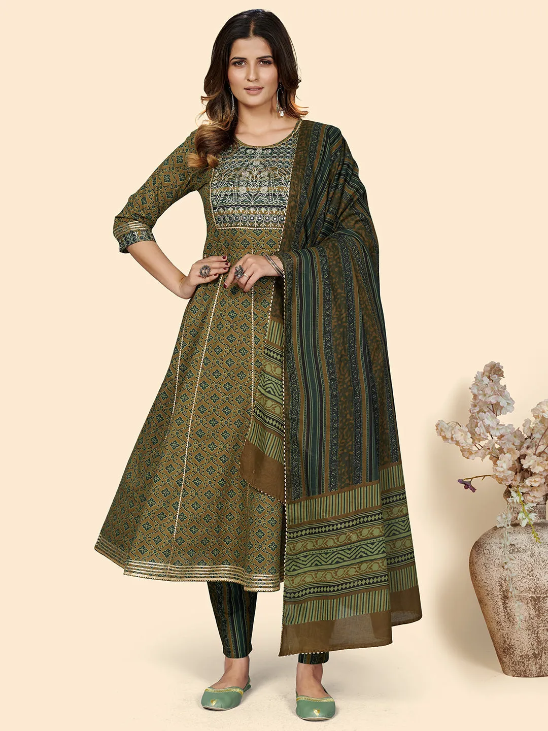 Women'S Mehndi Green Embroidered Anarkali Kurta & Pant With Dupatta- (3Pcs Set)