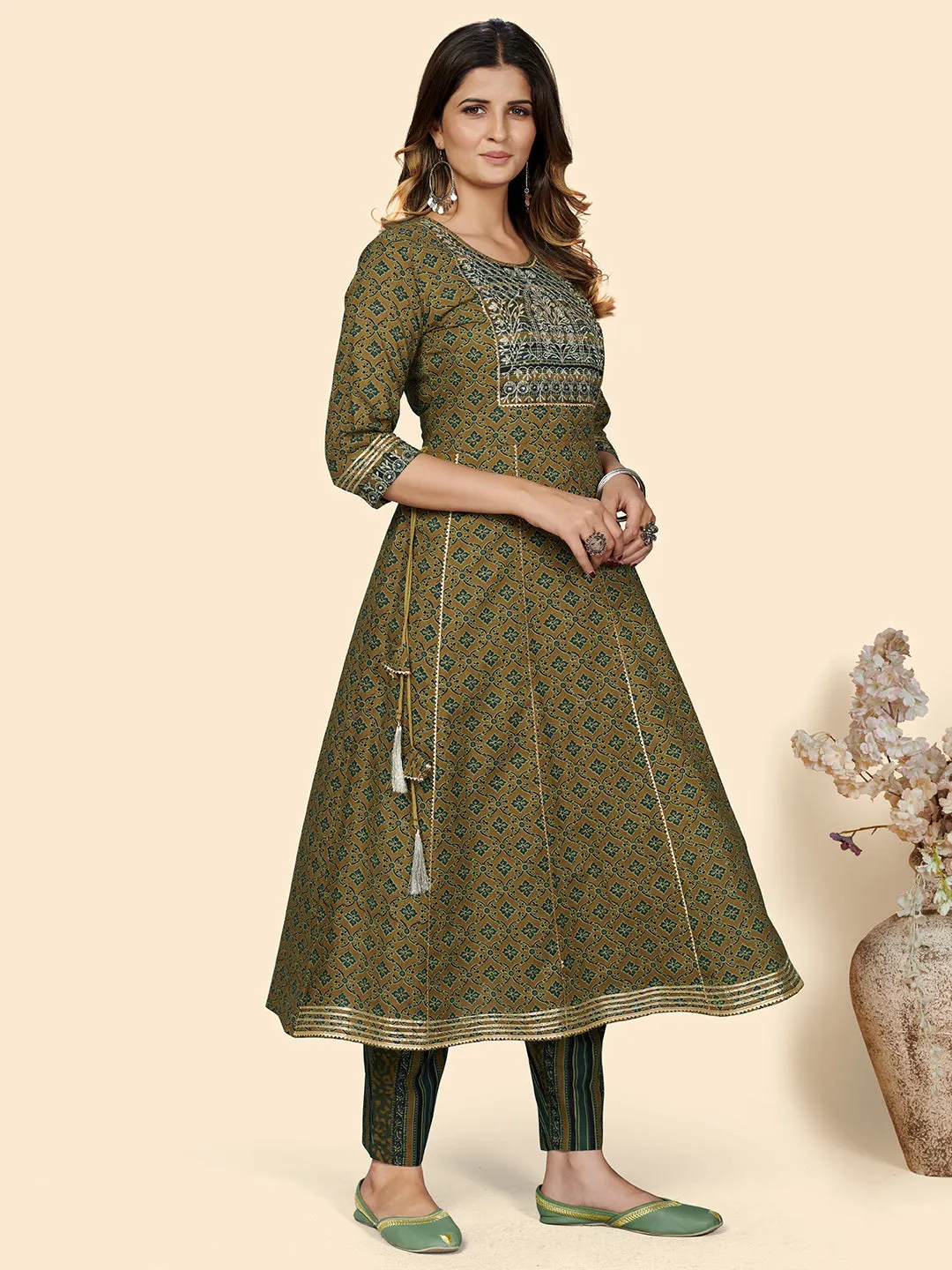 Women'S Mehndi Green Embroidered Anarkali Kurta & Pant With Dupatta- (3Pcs Set)