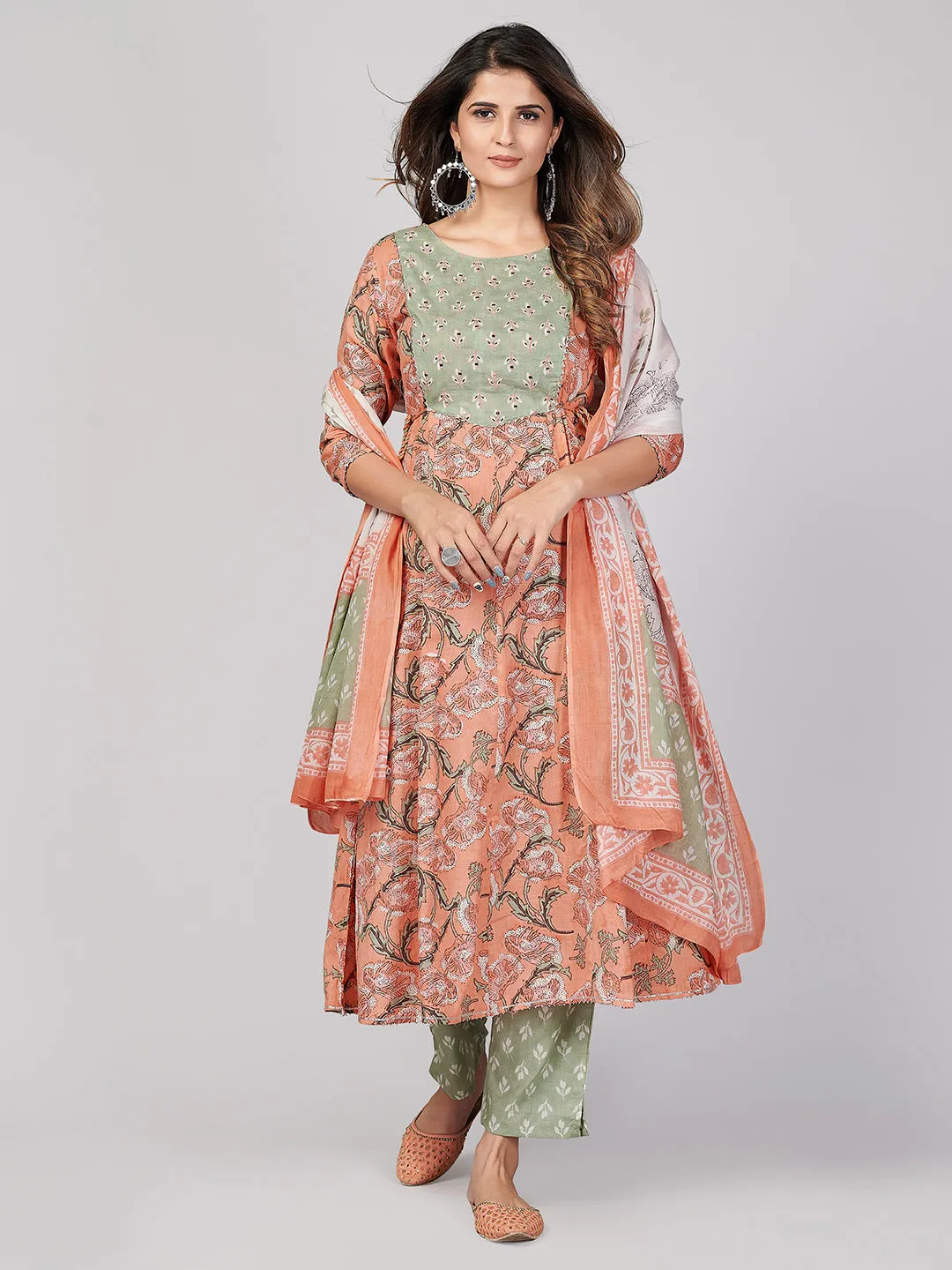 Women'S Peach Anarkali Kurta & Pant With Dupatta- (3Pcs Set)