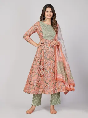 Women'S Peach Anarkali Kurta & Pant With Dupatta- (3Pcs Set)