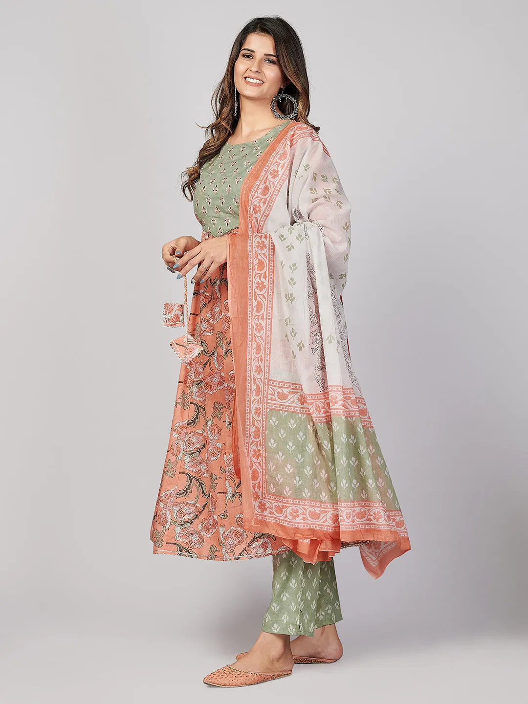 Women'S Peach Anarkali Kurta & Pant With Dupatta- (3Pcs Set)