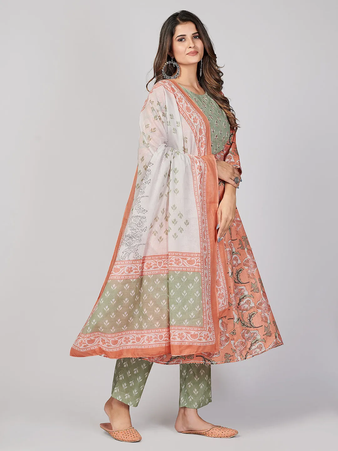 Women'S Peach Anarkali Kurta & Pant With Dupatta- (3Pcs Set)