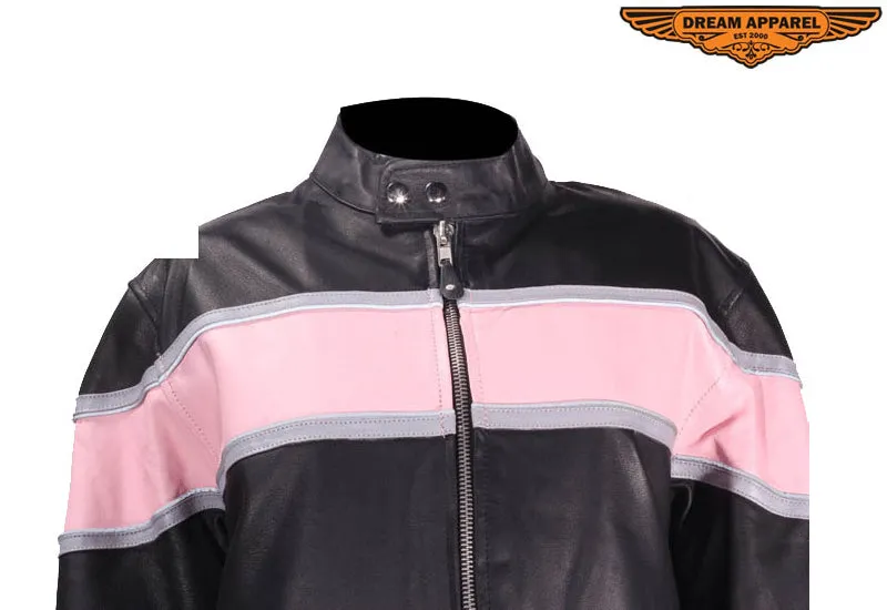 Womens Racer Jacket With Pink & Double Silver Stripes