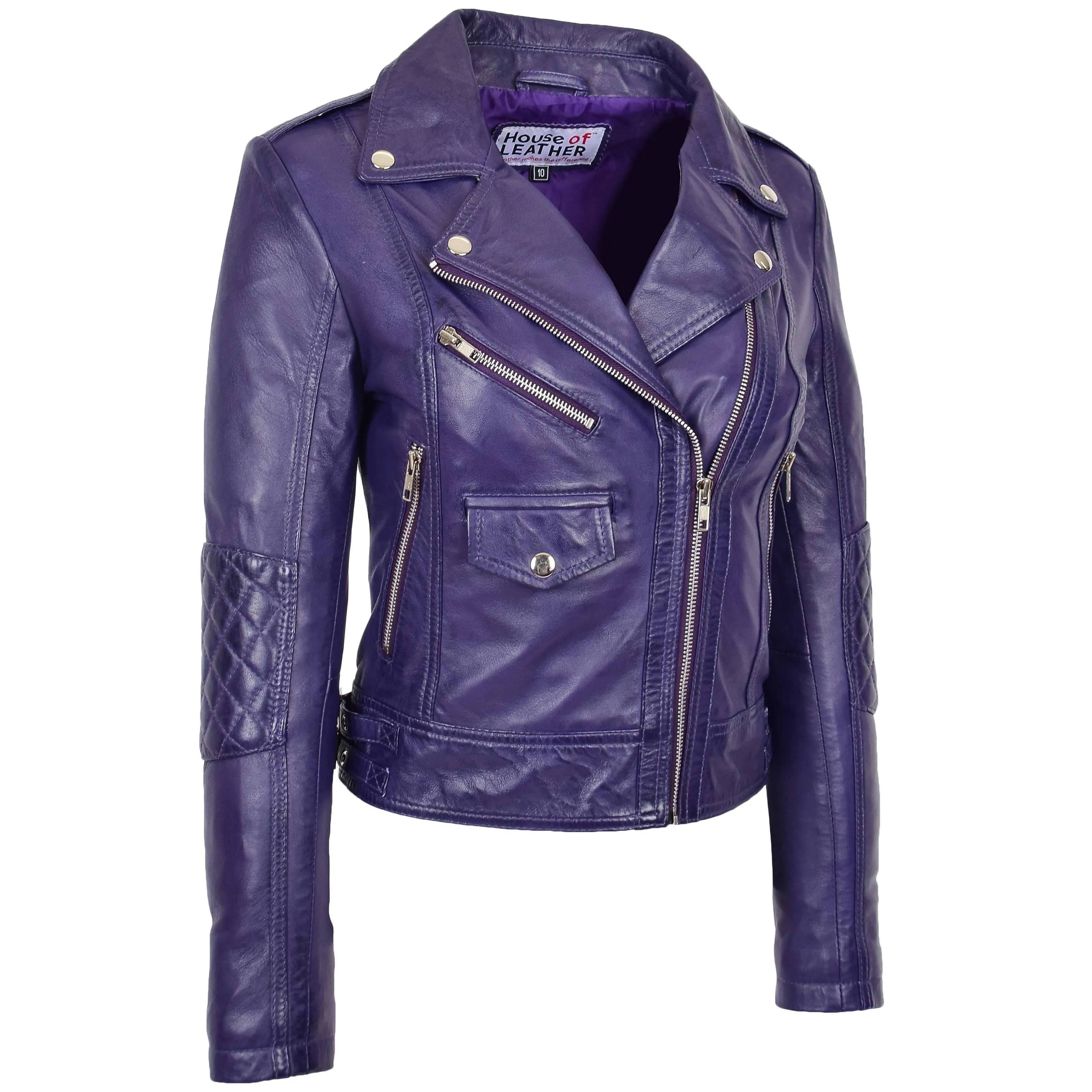 Womens Real Leather Biker Cross Zip Fashion Jacket Remi Purple