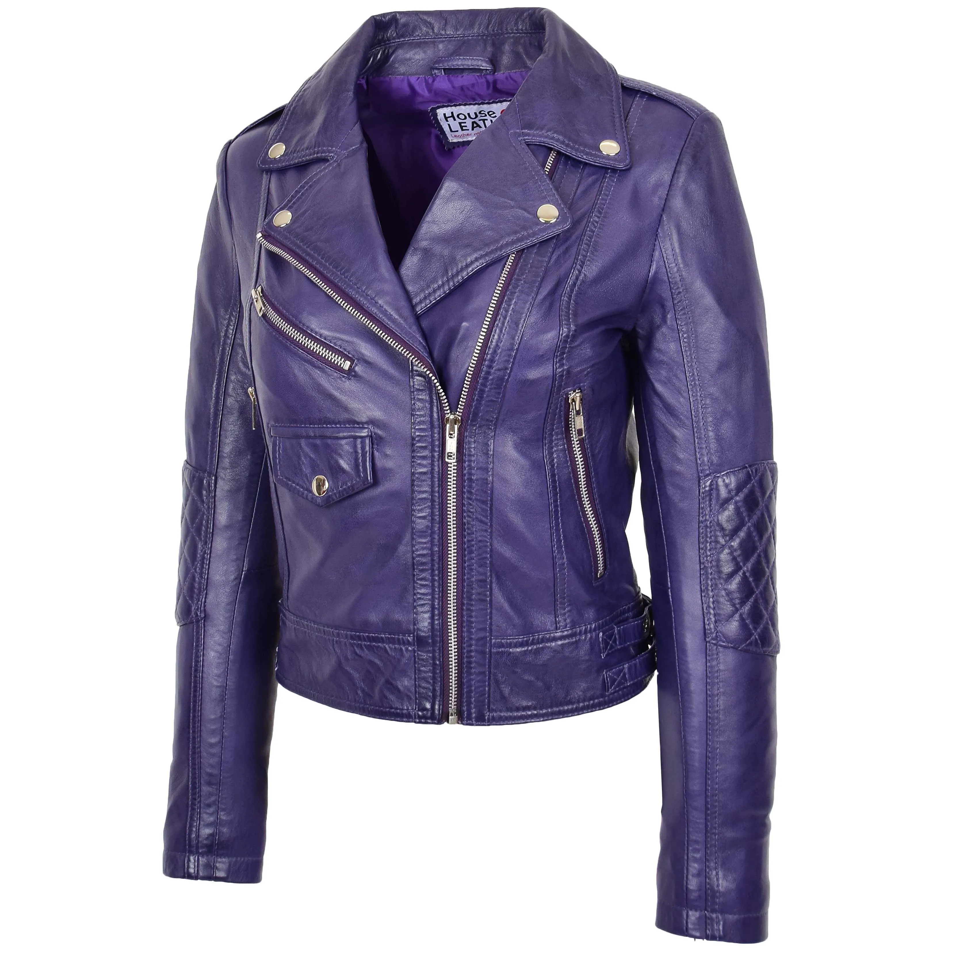 Womens Real Leather Biker Cross Zip Fashion Jacket Remi Purple