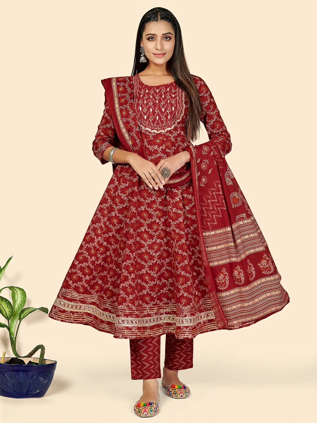 Women'S Red Anarkali Kurta & Pant With Dupatta- (3Pcs Set)