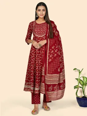 Women'S Red Anarkali Kurta & Pant With Dupatta- (3Pcs Set)