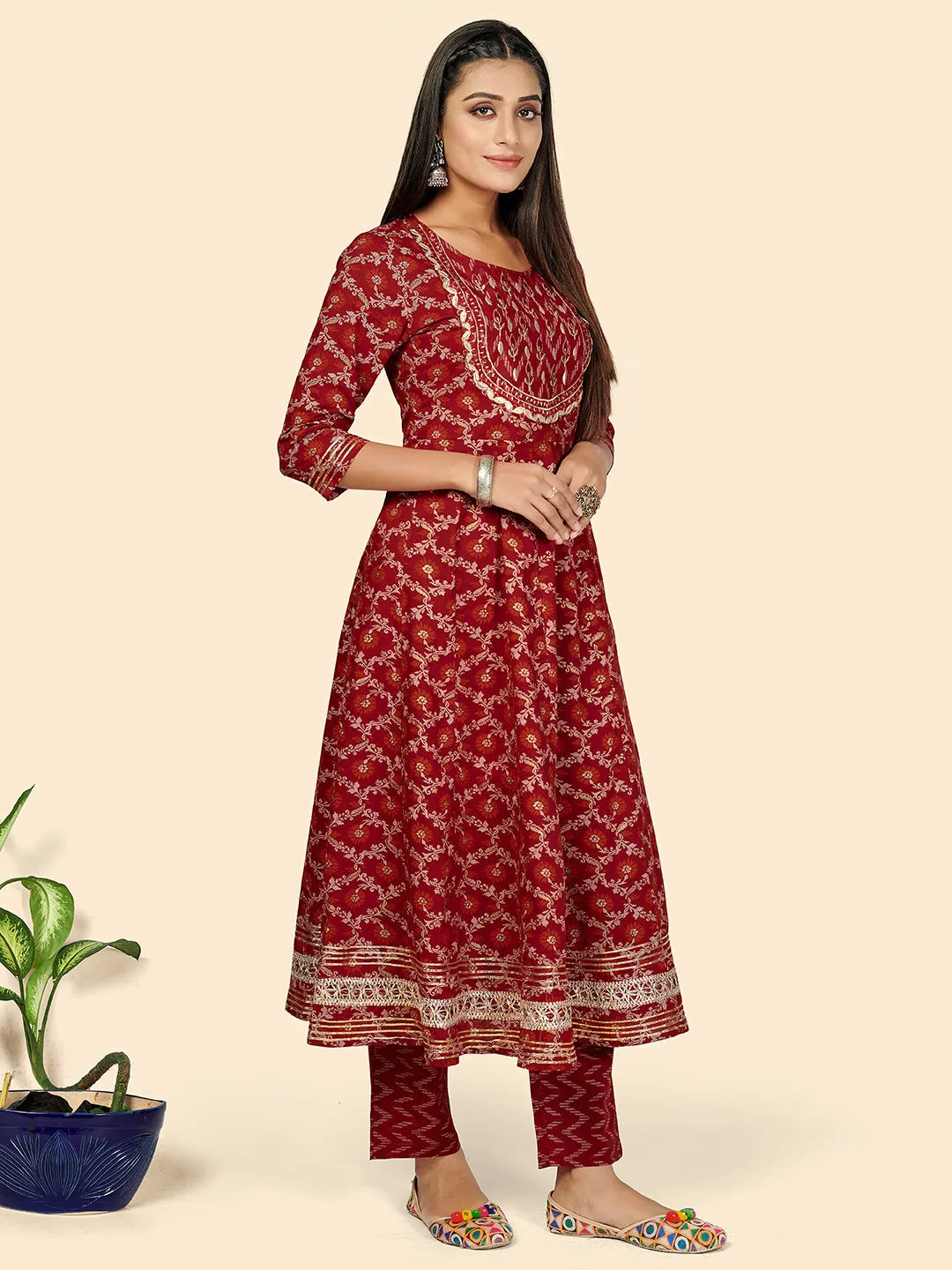 Women'S Red Anarkali Kurta & Pant With Dupatta- (3Pcs Set)