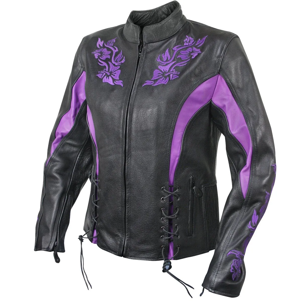 Xelement XS2027 Women's 'Gemma' Biker Black and Purple Leather Embroidered Jacket with X-Armor Protection