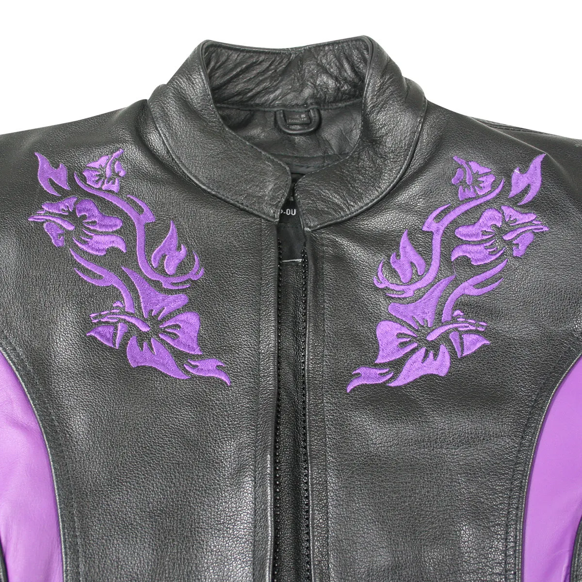 Xelement XS2027 Women's 'Gemma' Biker Black and Purple Leather Embroidered Jacket with X-Armor Protection