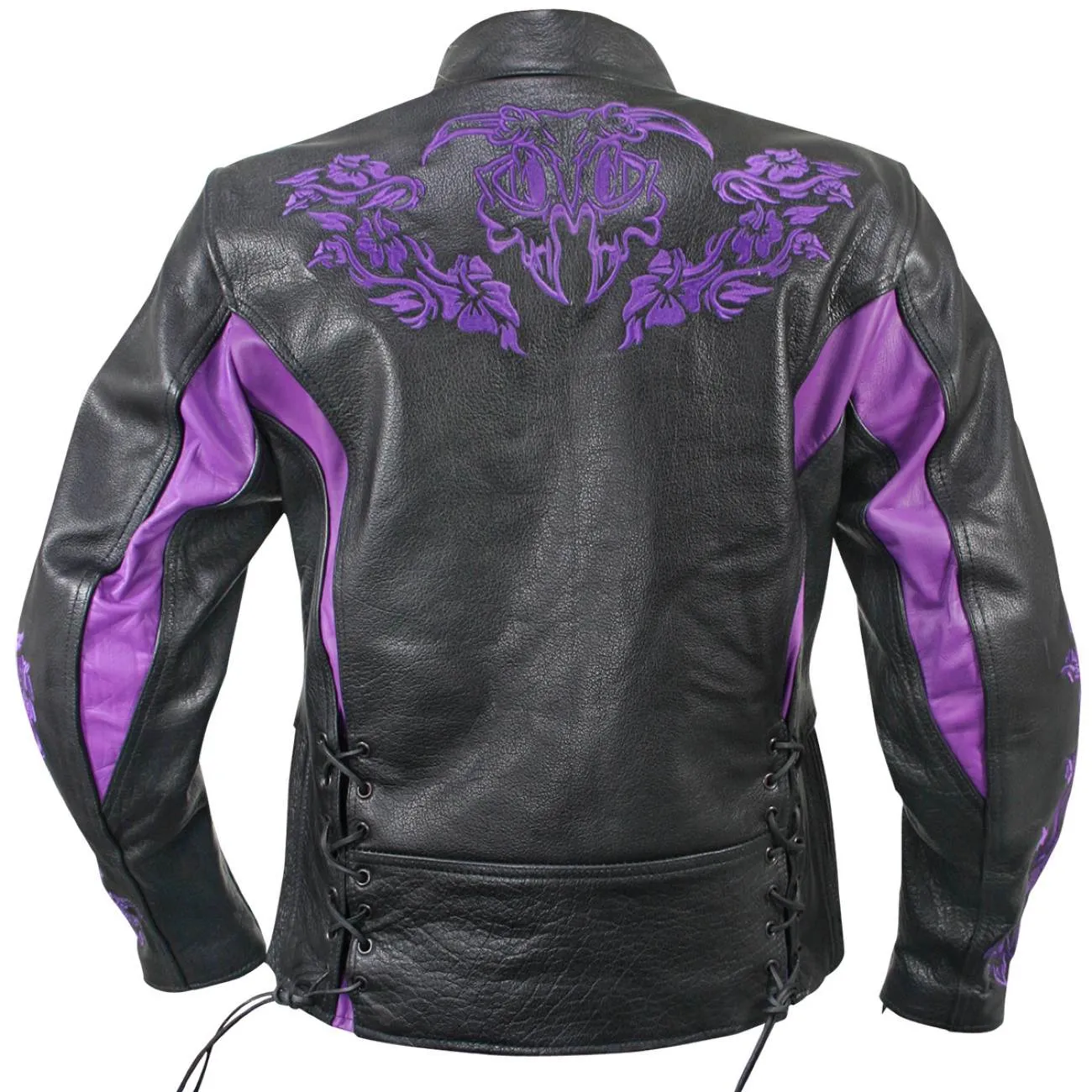 Xelement XS2027 Women's 'Gemma' Biker Black and Purple Leather Embroidered Jacket with X-Armor Protection