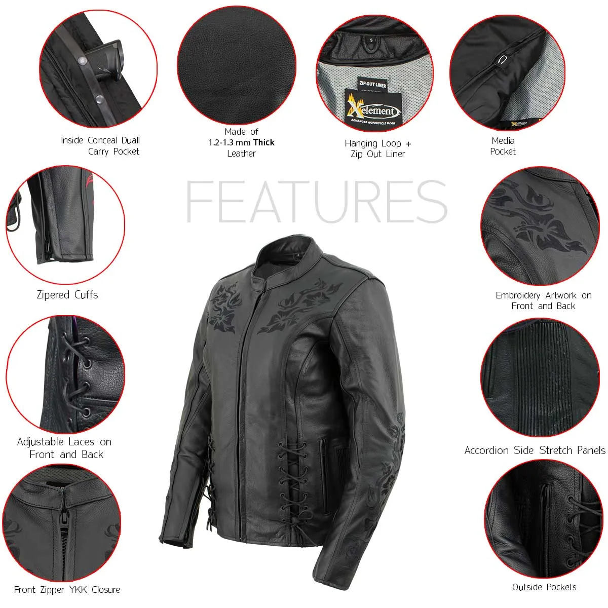 Xelement XS2030 Women's 'Gemma' Solid Black Leather Embroidered Jacket with X-Armor Protection