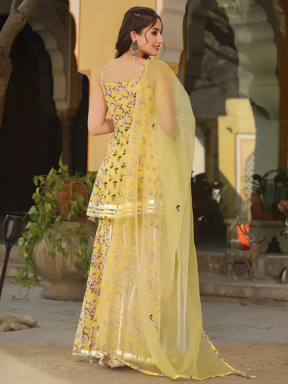 Yellow & Green Cotton Floral Print Sharara Set with Organza Dupatta