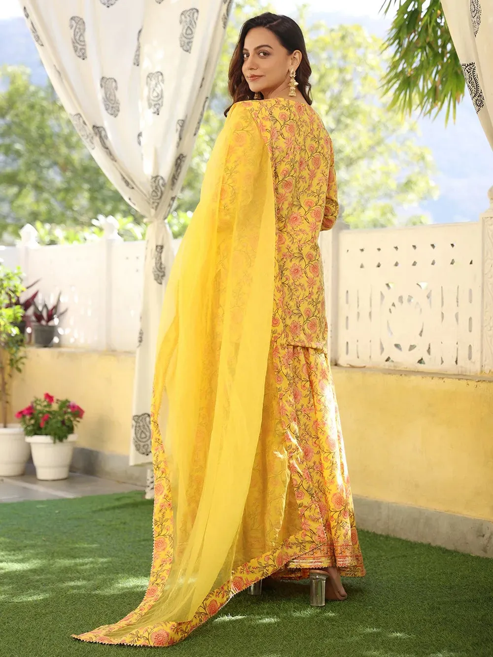 Yellow & Pink Cotton Floral Print Sharara Set with Organza Dupatta