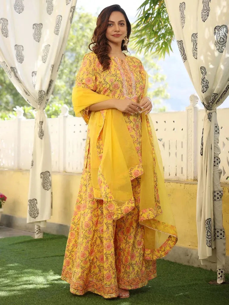 Yellow & Pink Cotton Floral Print Sharara Set with Organza Dupatta