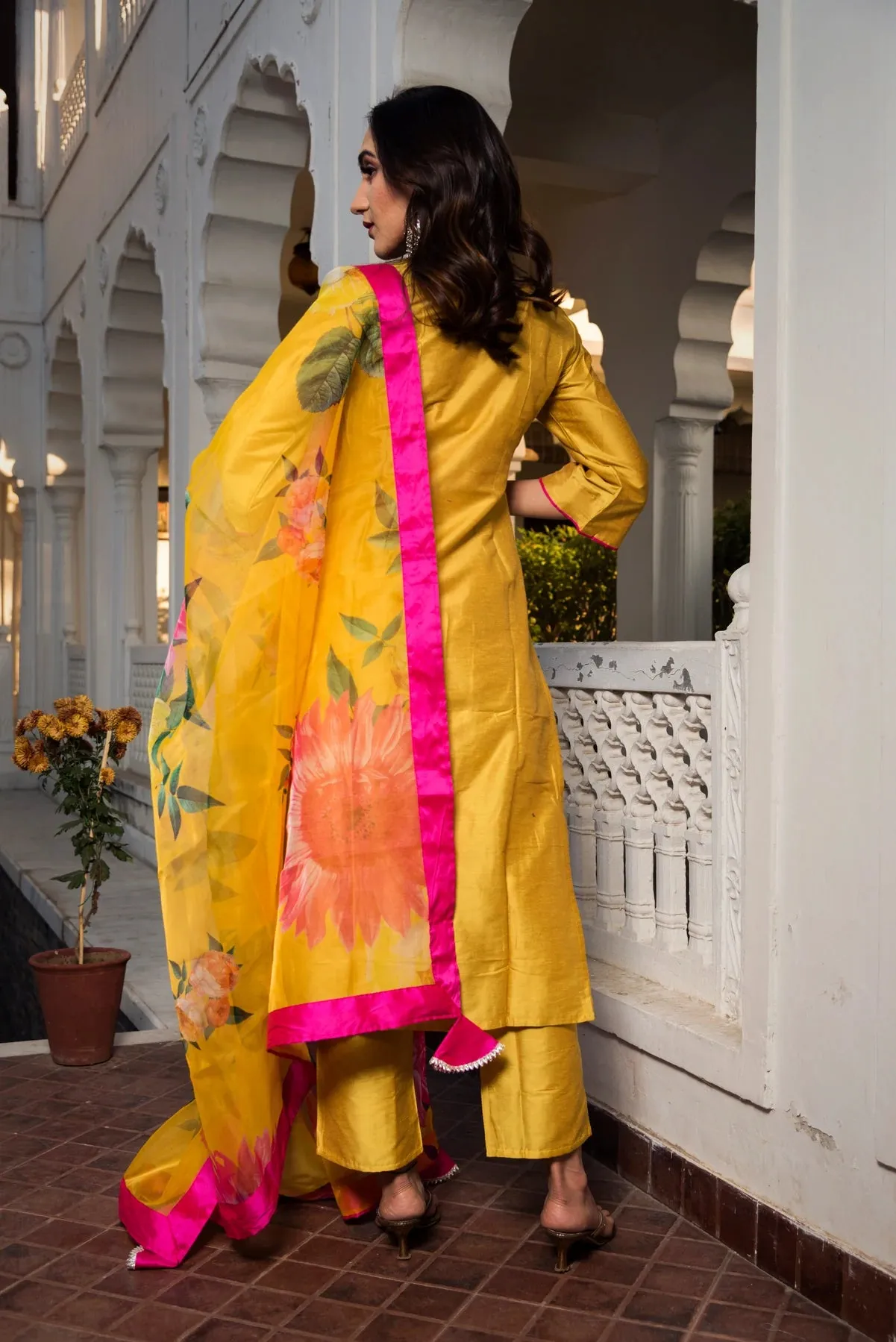 Yellow Cotton Silk Kurta Palazzo Set with Floral Print Dupatta