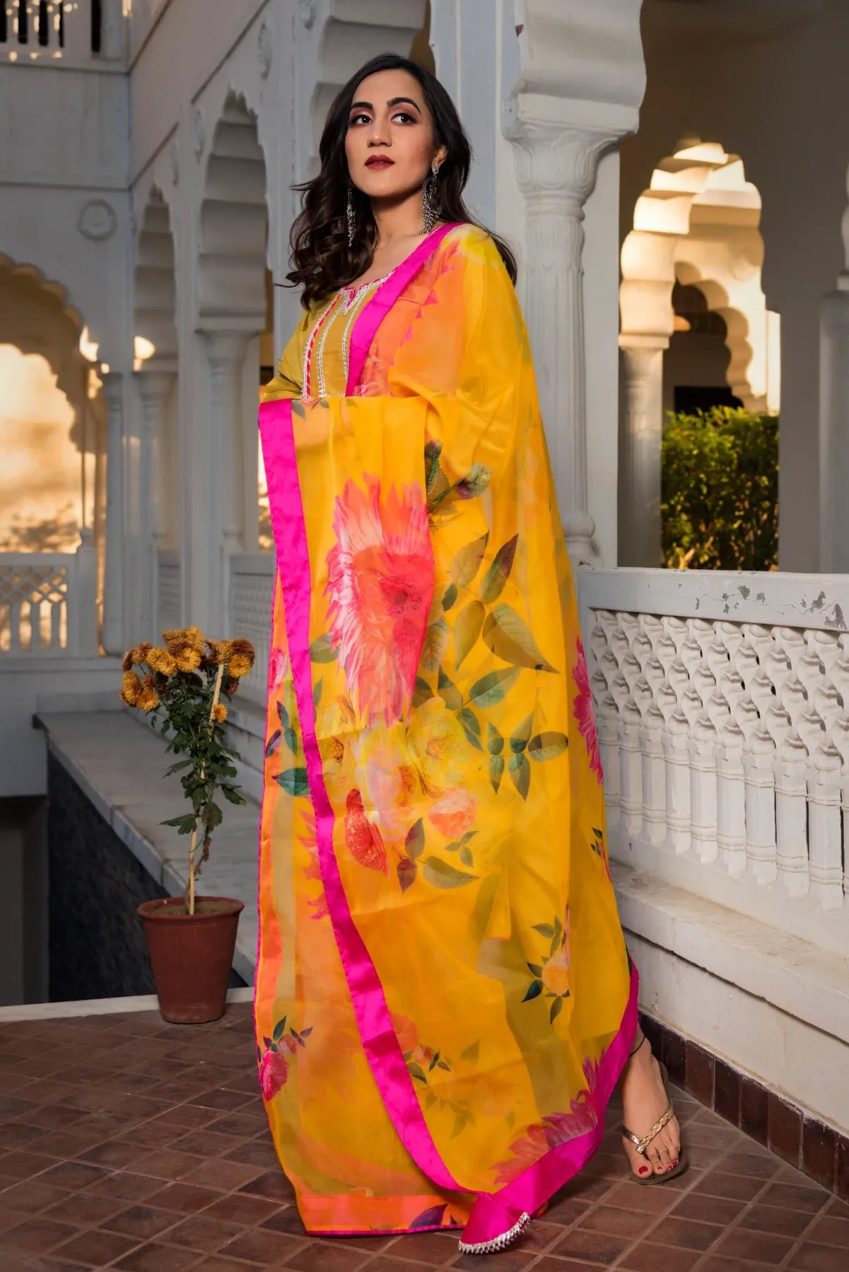 Yellow Cotton Silk Kurta Palazzo Set with Floral Print Dupatta