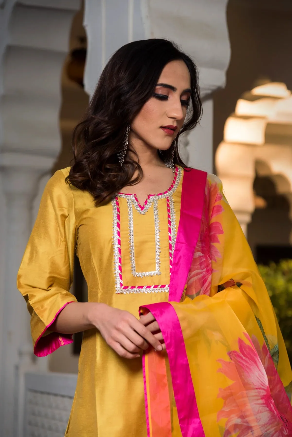 Yellow Cotton Silk Kurta Palazzo Set with Floral Print Dupatta