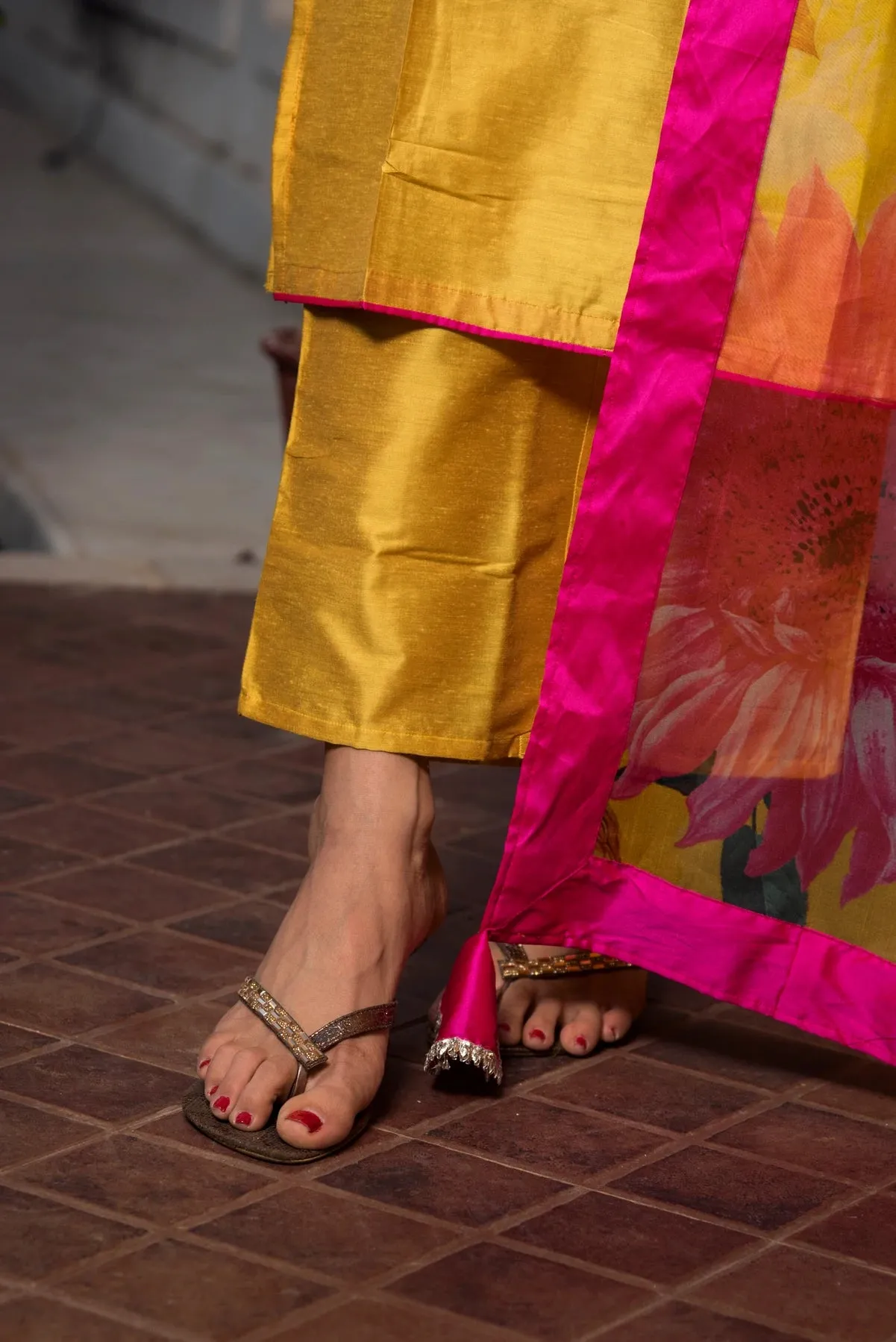 Yellow Cotton Silk Kurta Palazzo Set with Floral Print Dupatta