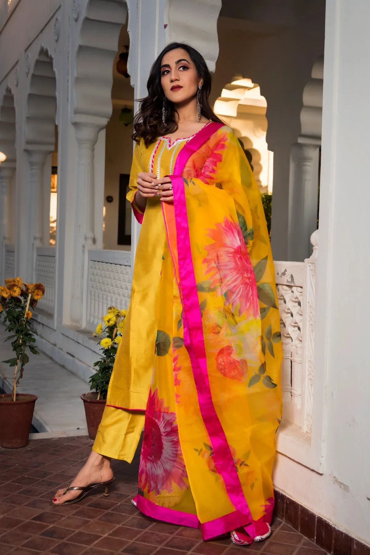 Yellow Cotton Silk Kurta Palazzo Set with Floral Print Dupatta