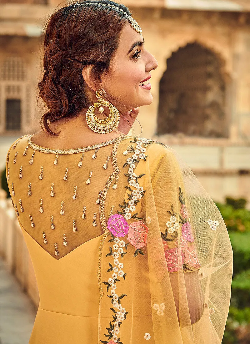 Yellow Floral Embroidered Indian Anarkali Suit