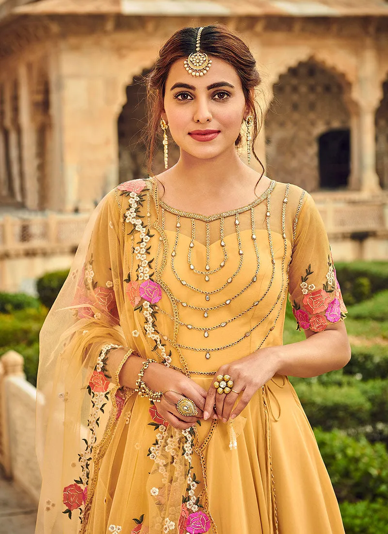 Yellow Floral Embroidered Indian Anarkali Suit