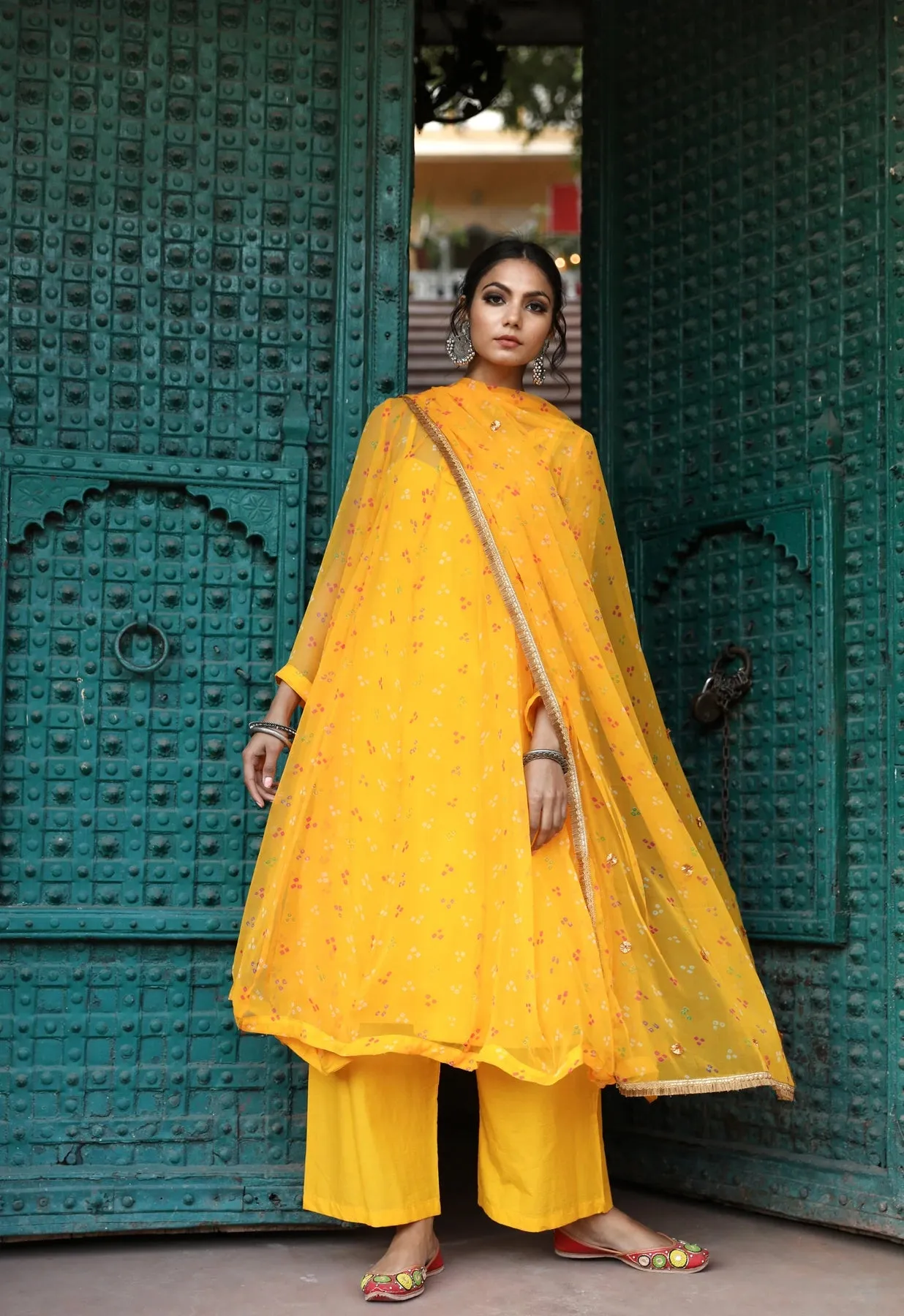 Yellow Georgette Bandhej Print Kurta Palazzo Set