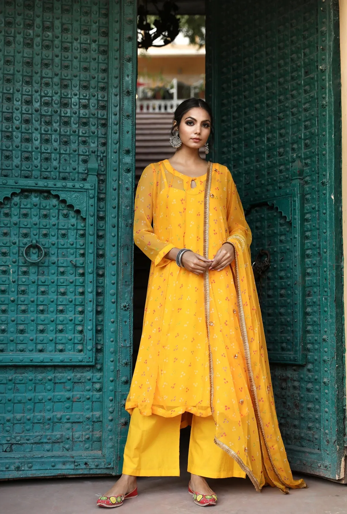 Yellow Georgette Bandhej Print Kurta Palazzo Set