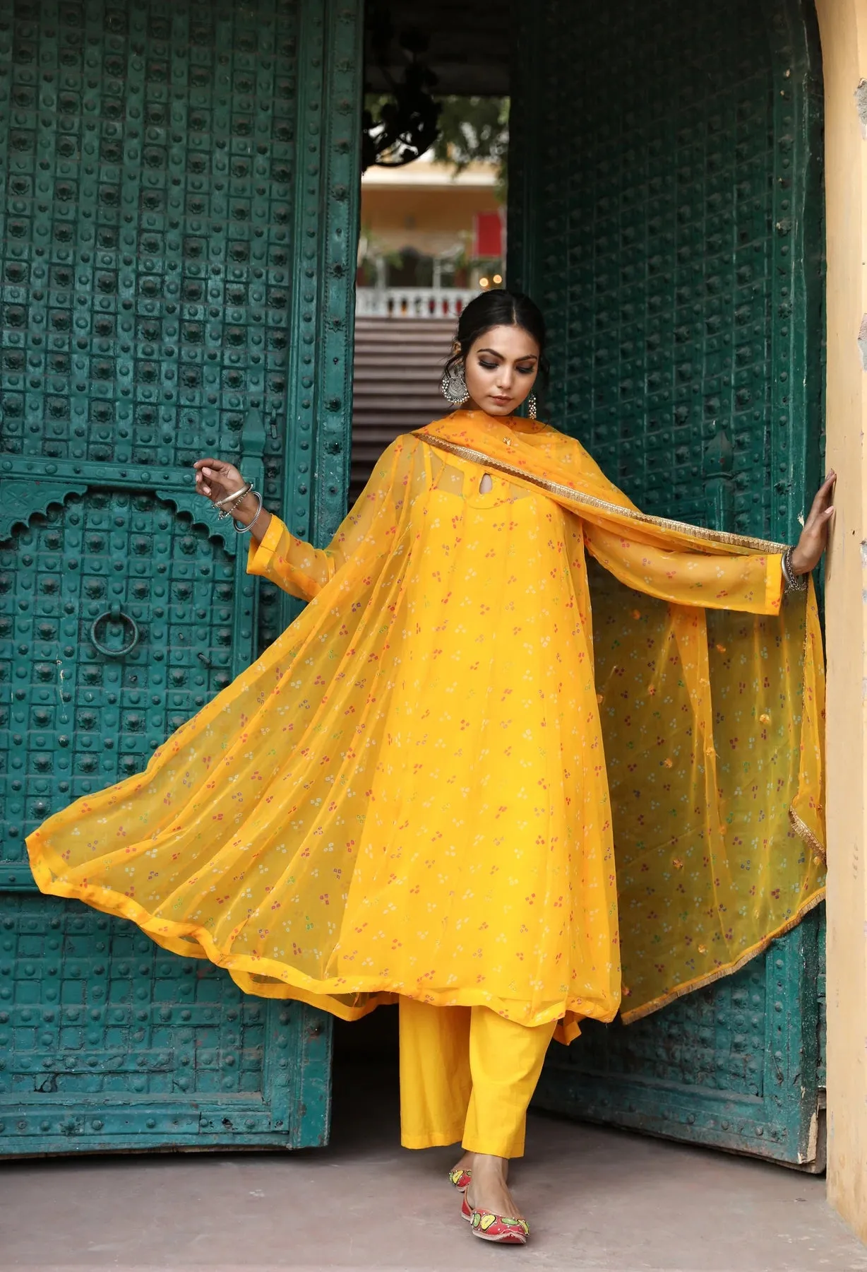 Yellow Georgette Bandhej Print Kurta Palazzo Set