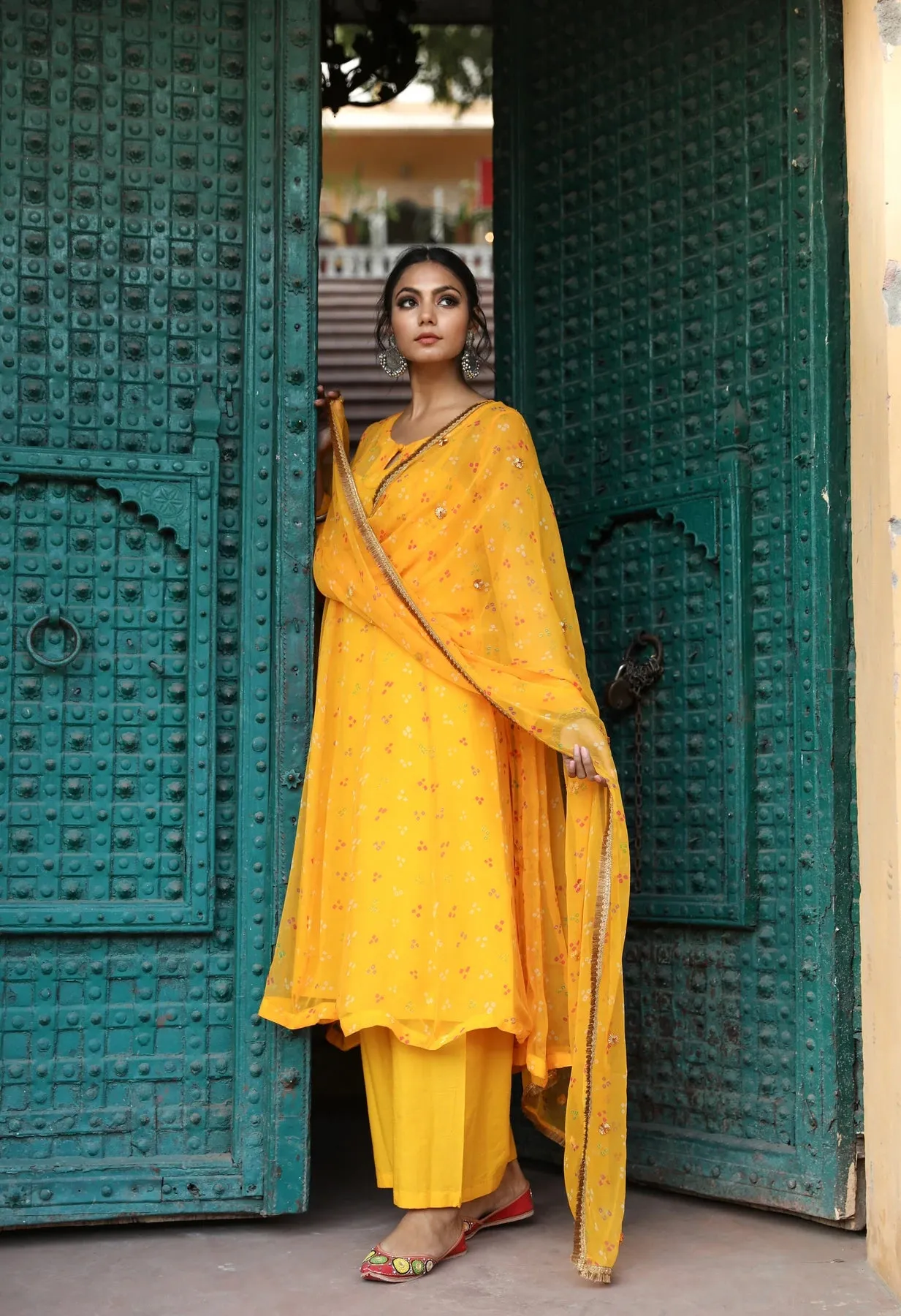 Yellow Georgette Bandhej Print Kurta Palazzo Set