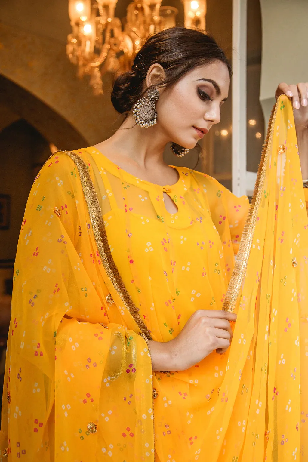 Yellow Georgette Bandhej Print Kurta Palazzo Set