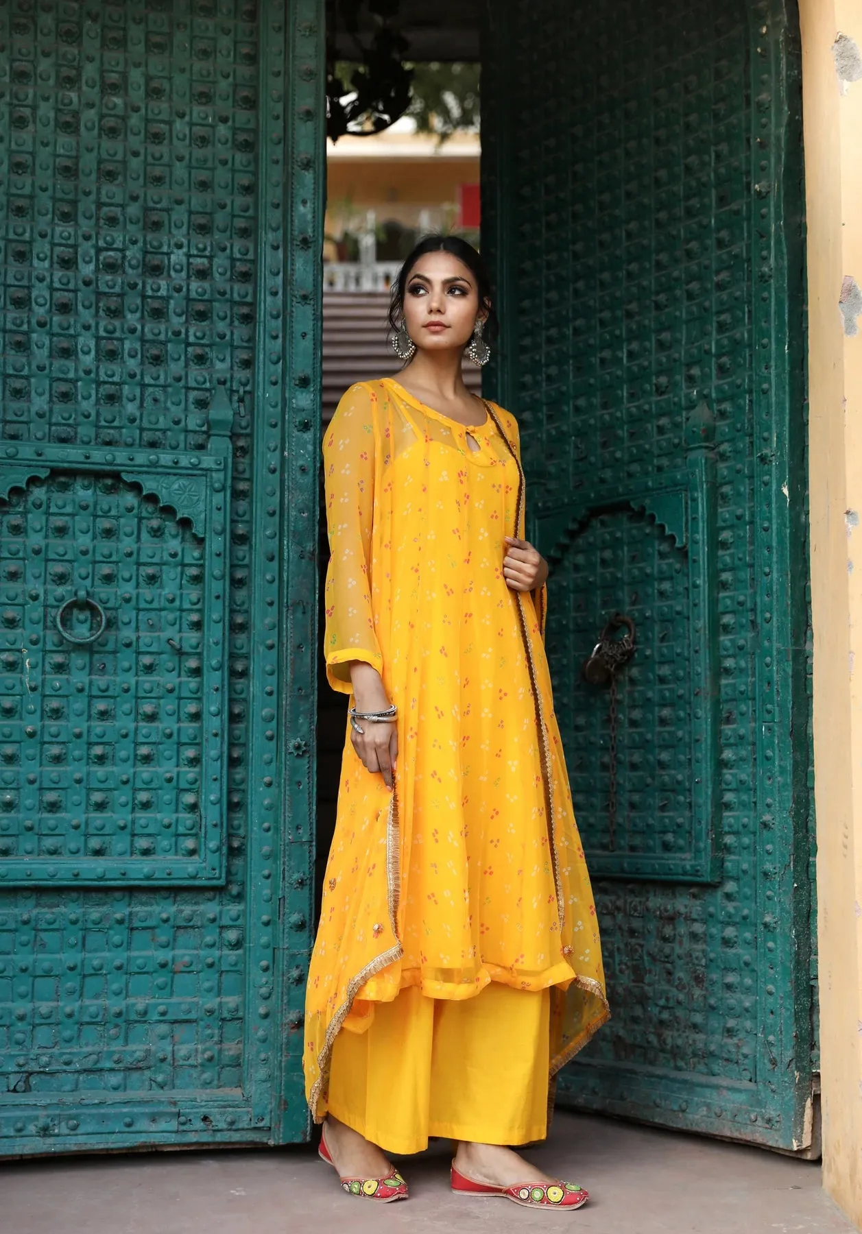 Yellow Georgette Bandhej Print Kurta Palazzo Set