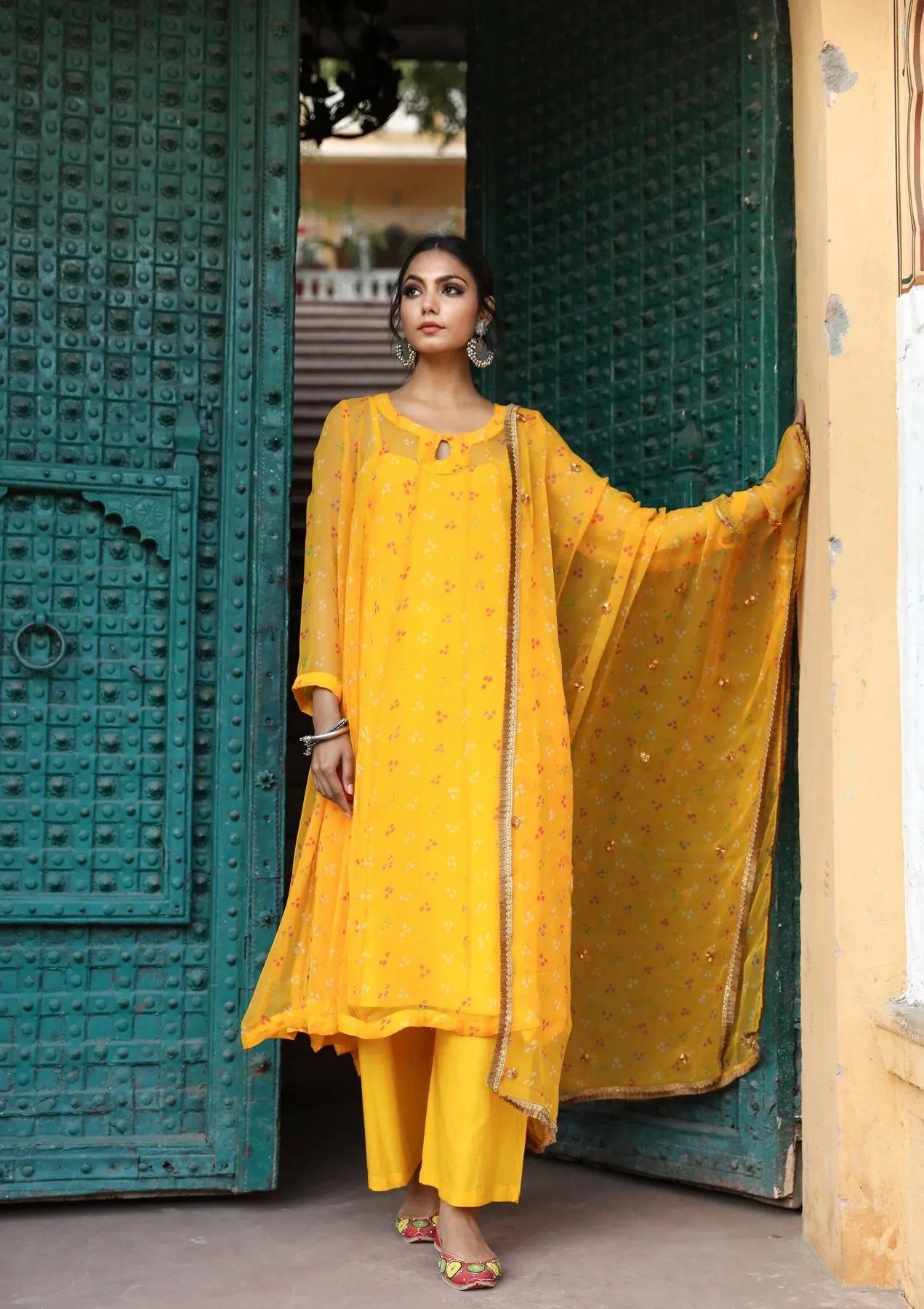 Yellow Georgette Bandhej Print Kurta Palazzo Set