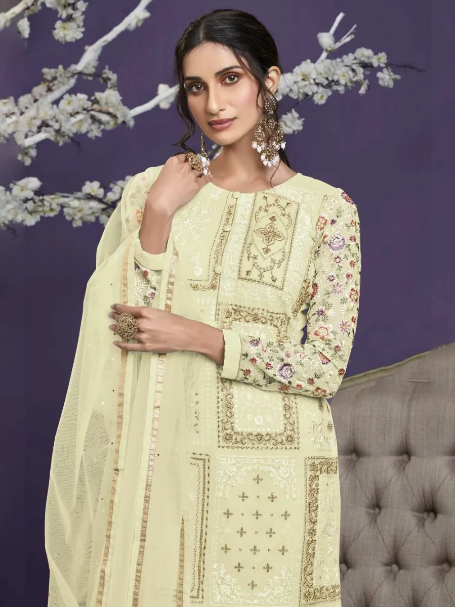 Yellow Georgette with Thread Embroidered, Zari & Sequins Detailing Suit Set with Dupatta