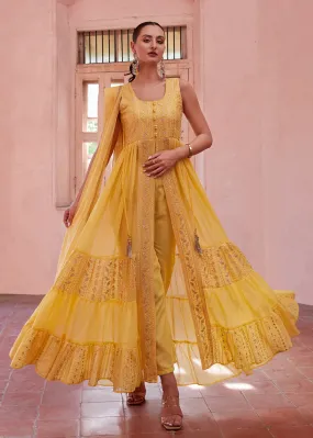 Yellow Georgette Zari Embroidered Front Slit Suit Set with Net Dupatta