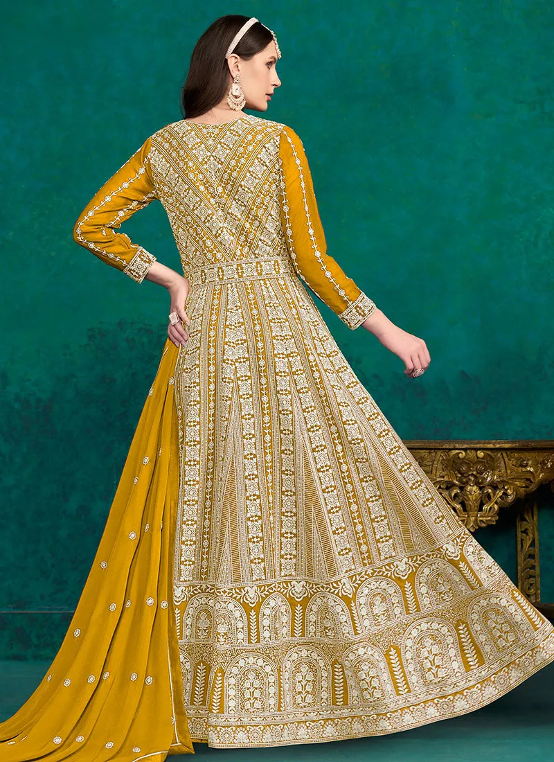 Yellow Lucknowi Embroidery Kalidar Anarkali Suit