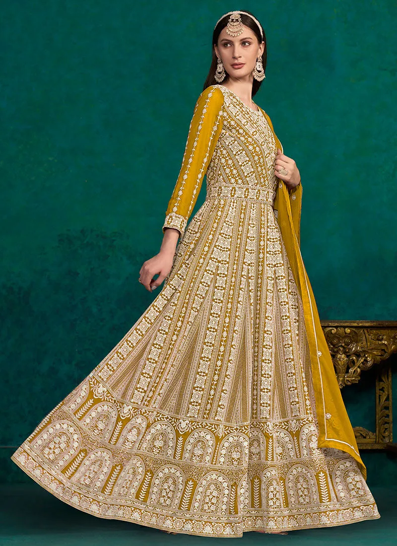 Yellow Lucknowi Embroidery Kalidar Anarkali Suit