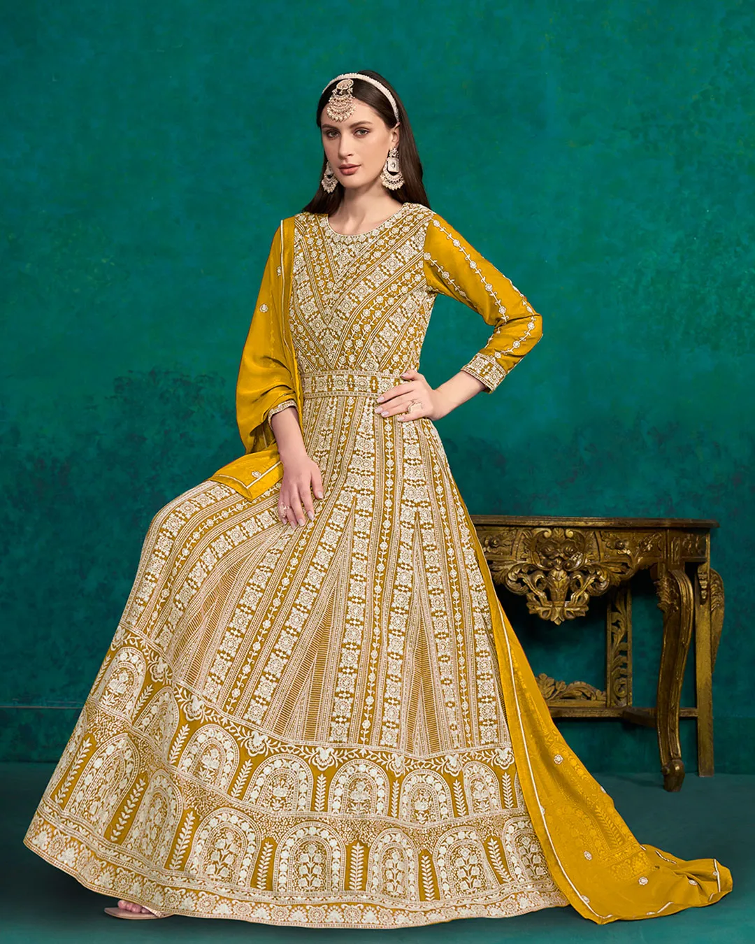 Yellow Lucknowi Embroidery Kalidar Anarkali Suit