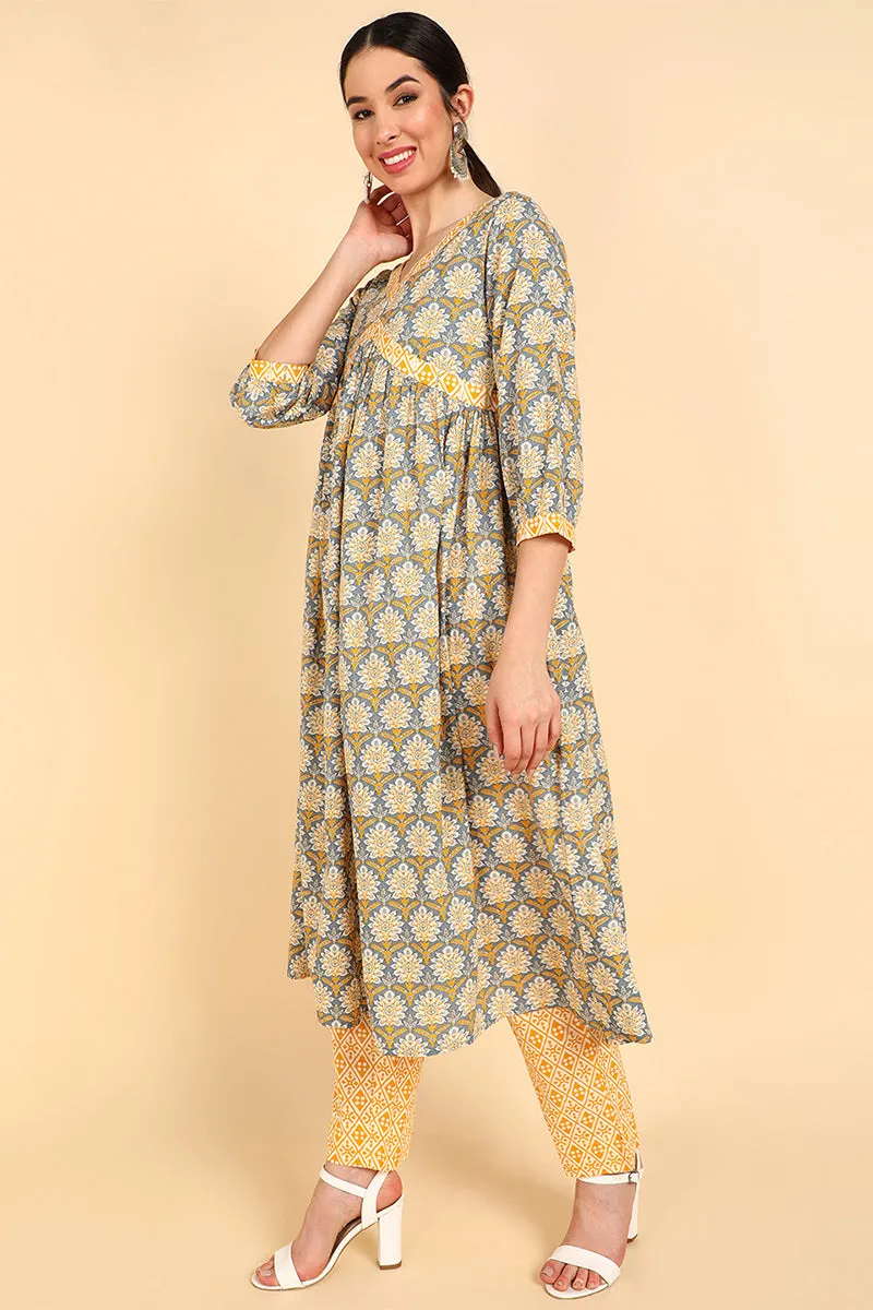 Yellow Pure Cotton Flared Kurta Pants and Dupatta Set